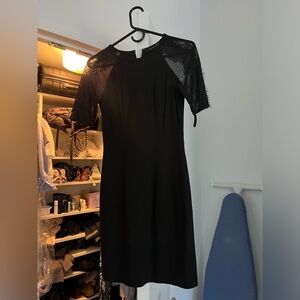 Cynthia Steffens black cocktail dress with lace arms